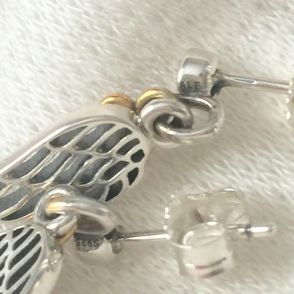 Pandora LOVE and GUIDANCE EARRINGS Gold and Silver Angel Wing - Picture 3 of 5